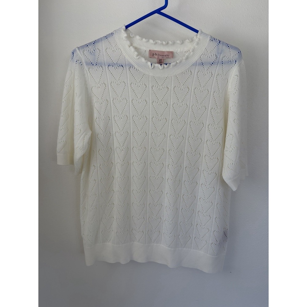 Philosophy‎ Short Sleeve Women's Medium Heart Sweater Cream Knit Ruffle Trim EUC